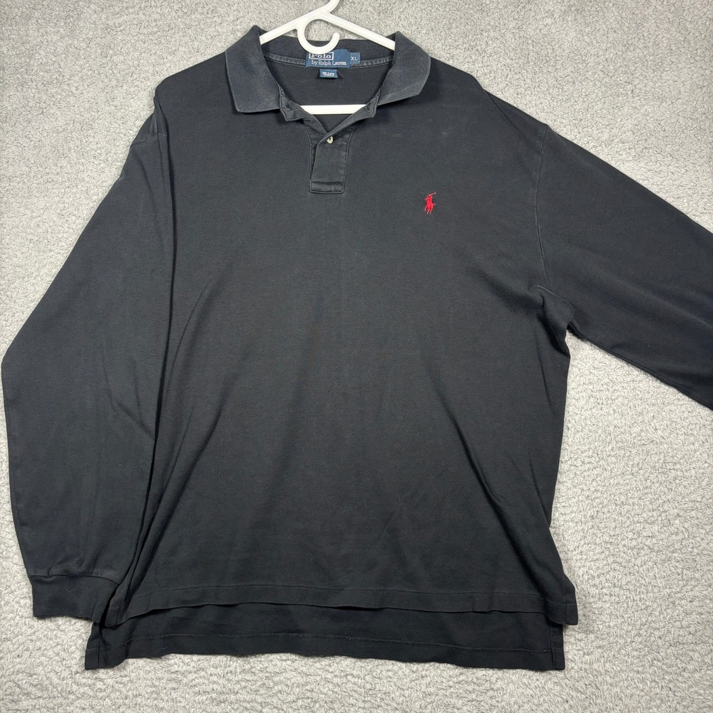 Polo Ralph Lauren Mens XL Black Long Sleeve Polo Shirt Red Pony Logo Cotton